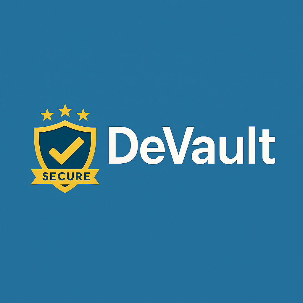 DeVault Secure Shopping Logo with Gold Shield, Checkmark, and Stars on Blue Background – Trusted E-commerce Branding for Online Safety and Confidence