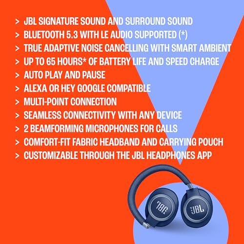 JBL Live 770NC - Wireless Over-Ear Headphones with True Adaptive Noise Cancelling with Smart Ambient, Up to 65 Hours of Battery Life, Comfort-fit Fabric Headband & Carrying Pouch (Blue) - Image 7