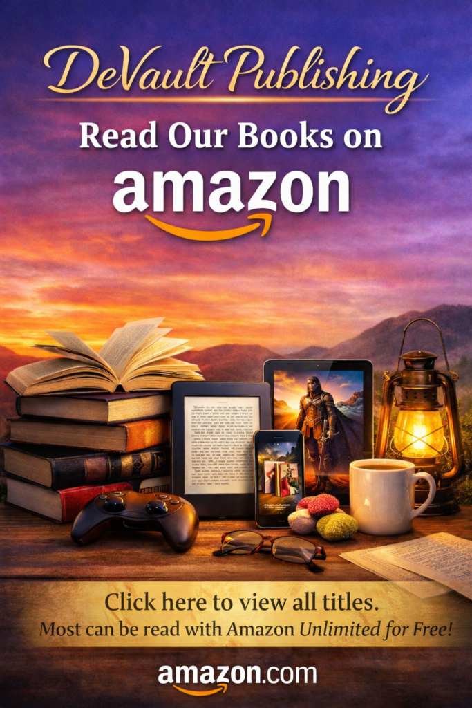 DeVault Publishing website graphic promoting books on Amazon, showing stacked books, an e-reader, tablet, and phone on a wooden table with a lantern and coffee, under the text “Read Our Books on Amazon.”