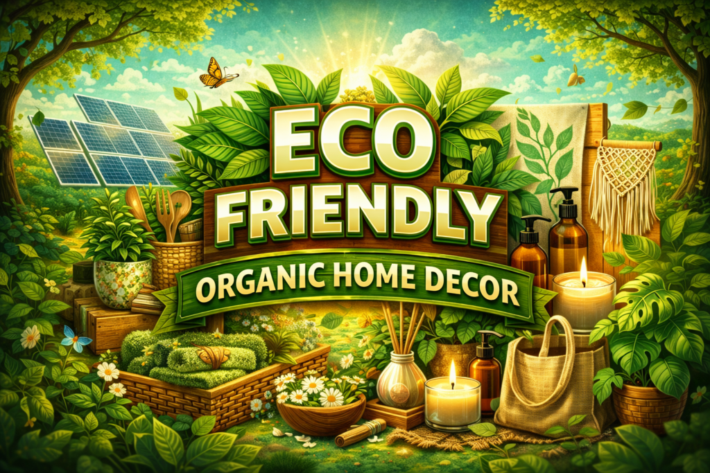 Eco friendly organic home decor graphic featuring plants, natural textures, candles, glass bottles, woven baskets, and sustainable home accents in a green, nature-inspired setting.