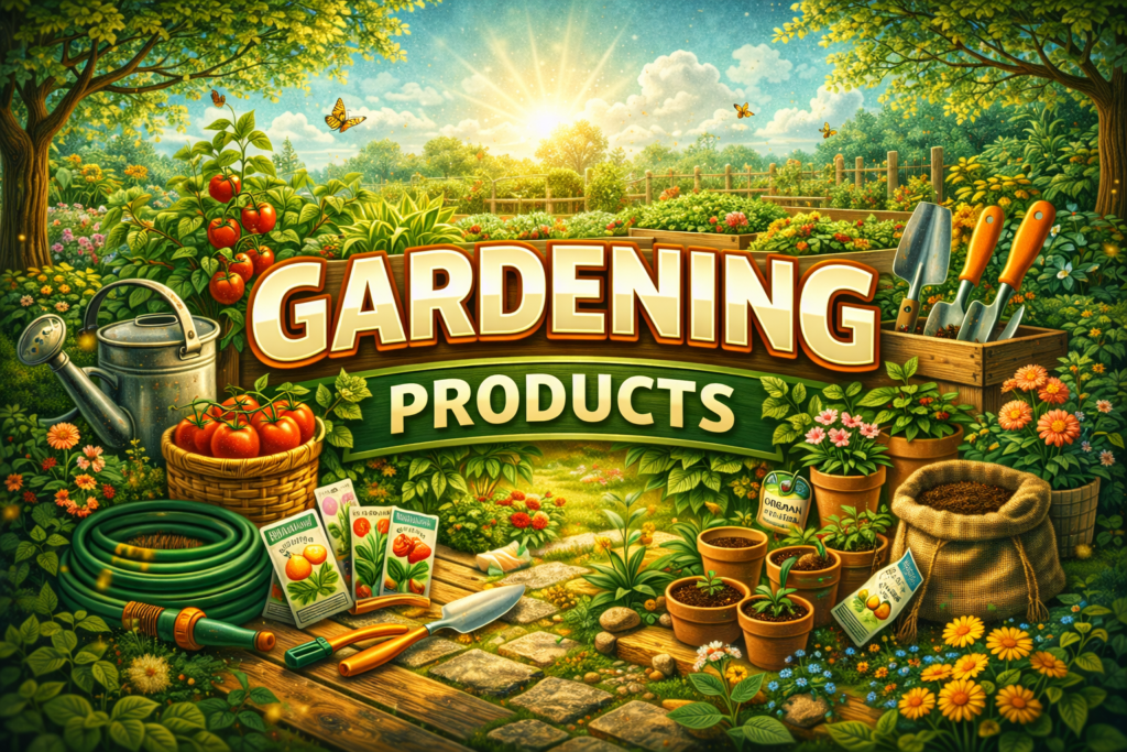 Gardening products graphic featuring hand tools, watering can, seed packets, potted plants, soil, and vegetables displayed in a lush, sunlit garden setting.