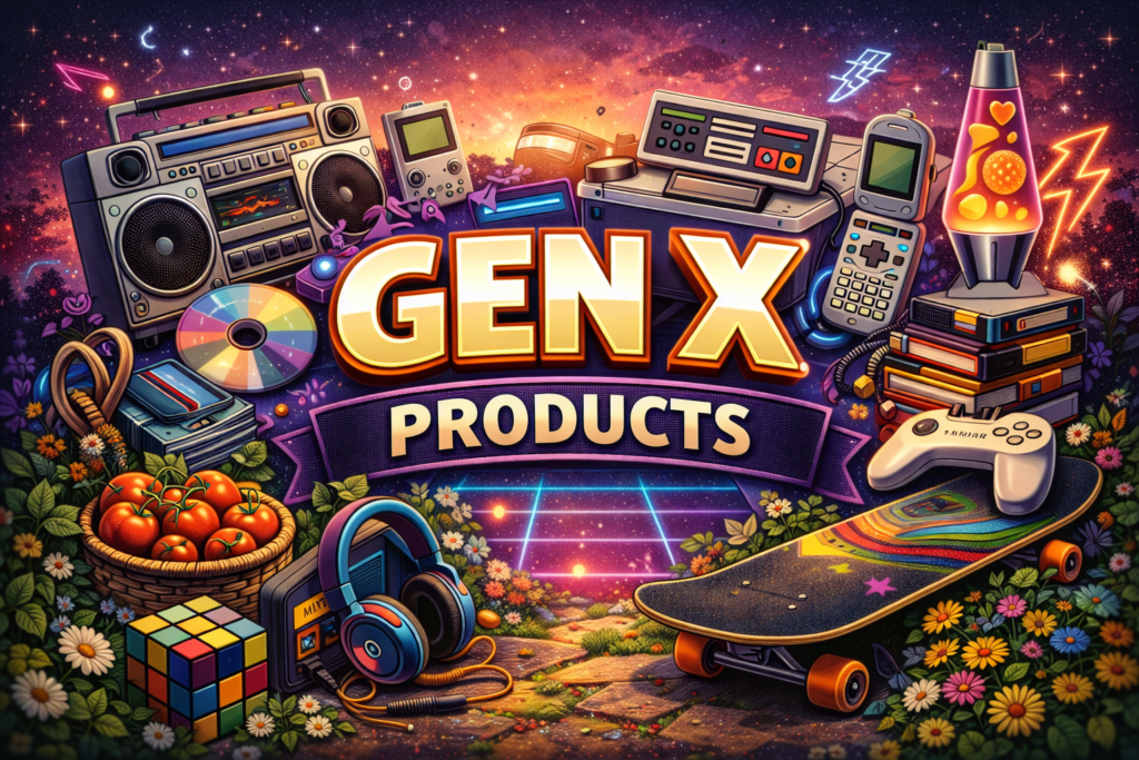 Gen X products banner showcasing 80s and 90s nostalgia with a boombox, VHS tapes, skateboard, retro gadgets, and neon grid background.