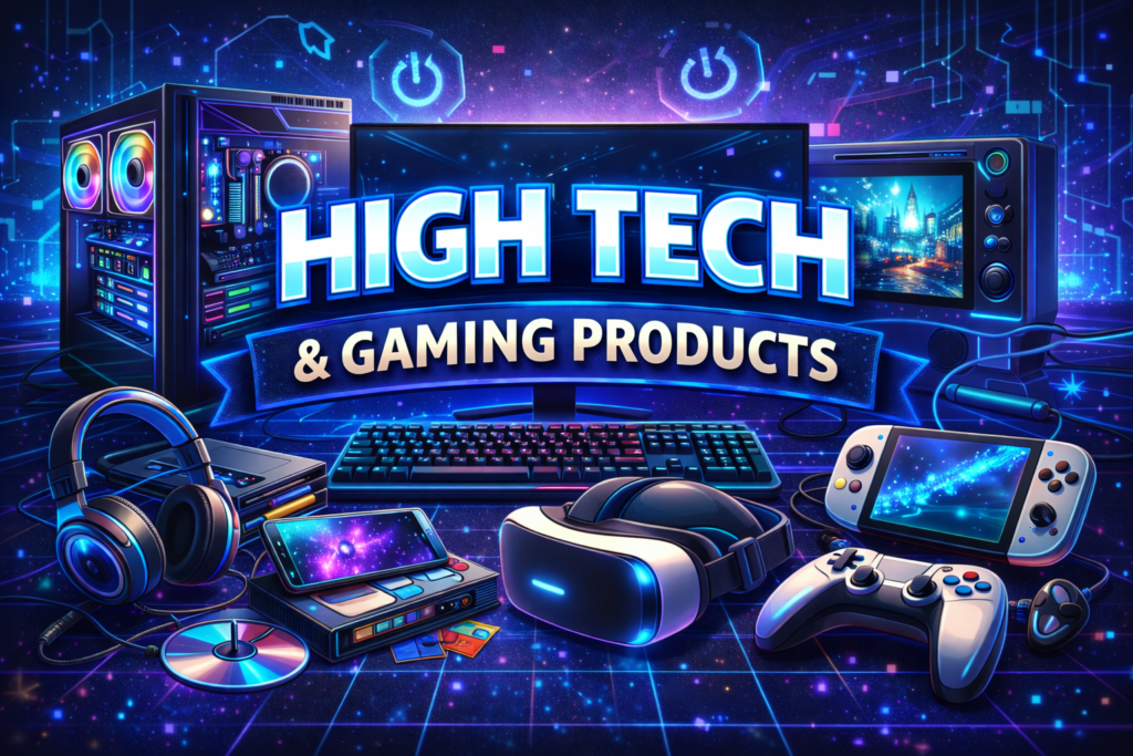 High tech and gaming products graphic featuring a gaming PC, VR headset, RGB keyboard, controllers, and neon circuitry in a futuristic tech-themed scene.