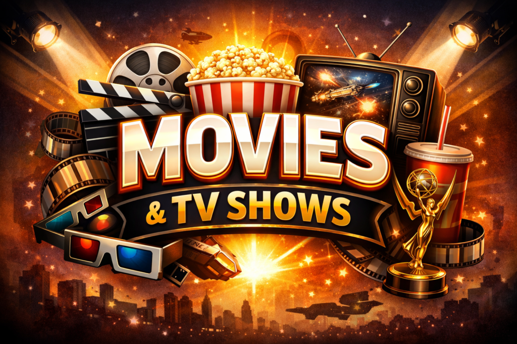 Movies and TV shows graphic showcasing a film clapperboard, popcorn, 3D glasses, film reel, and television, representing entertainment and streaming content.