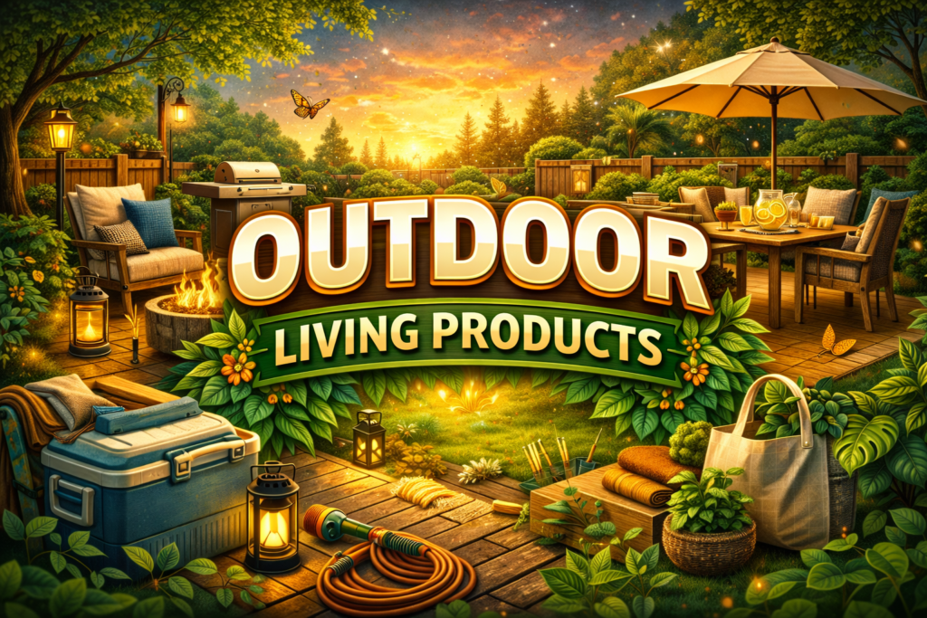 Outdoor living products graphic featuring patio seating, outdoor decor, plants, and a fire pit in a relaxing backyard or patio environment.