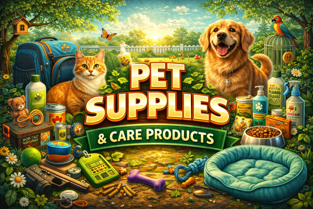 Pet supplies and care products graphic featuring a dog and cat with food bowls, toys, grooming tools, and pet care essentials in a bright, friendly setting.