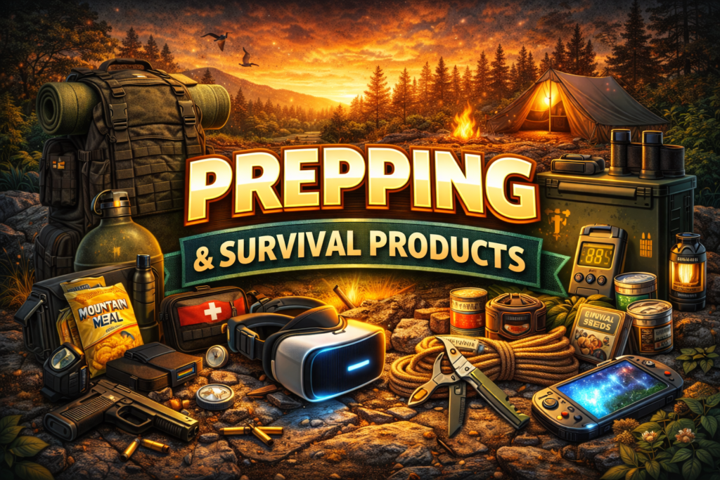 Prepping and survival products graphic featuring a bug-out backpack, first aid kit, camping tent, emergency food, tools, and outdoor survival gear set in a rugged wilderness scene.