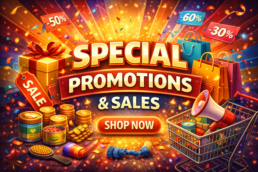 Bright “Special Promotions & Sales” banner featuring shopping bags, gift boxes, discount tags, coins, and a shopping cart with a megaphone, promoting limited-time deals and discounts.