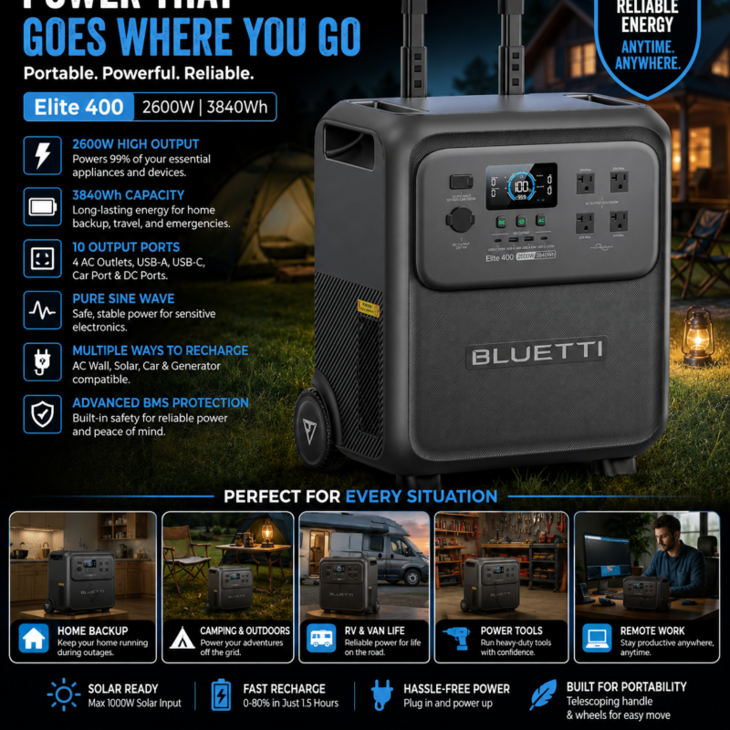 BLUETTI Elite 400 Portable Power Station, 3840Wh LFP Batttery Backup with 2600W AC Outlets (3900W Power Lifting), High Capacity Solar Generator with Wheels for Home Backup, Outage, RV Life, Camping