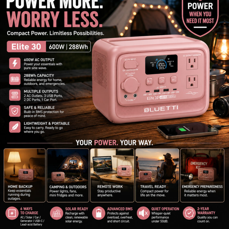 BLUETTI Elite 30 V2 Portable Power Station, 288Wh Solar Generator with 600W AC Outlet (Power Lifting 1500W), Fast Recharge LiFePO4 Battery, UPS Backup Power for Camping, Road Trip, Outage