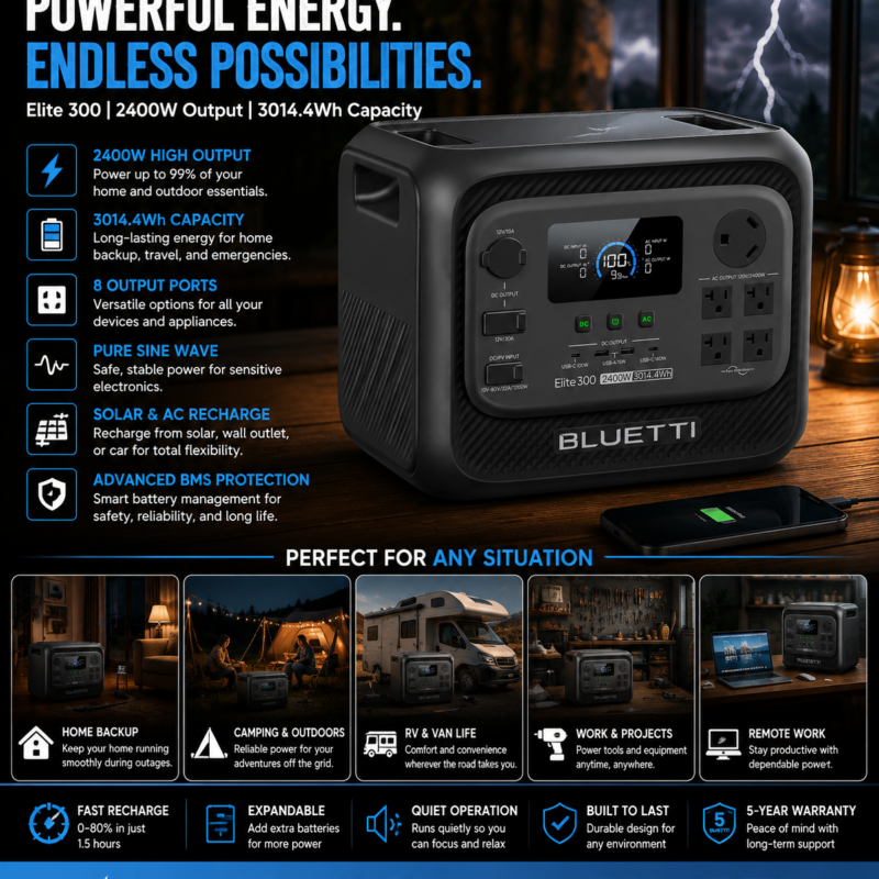 BLUETTI Elite 300 Portable Power Station, 3014Wh LiFePO4 Battery Backup for Home Power Outage, 2400W Solar Generator (4800W Surge), 3kWh Compact Home Backup & RV Power with TT-30 RV Port & 12V/30A DC
