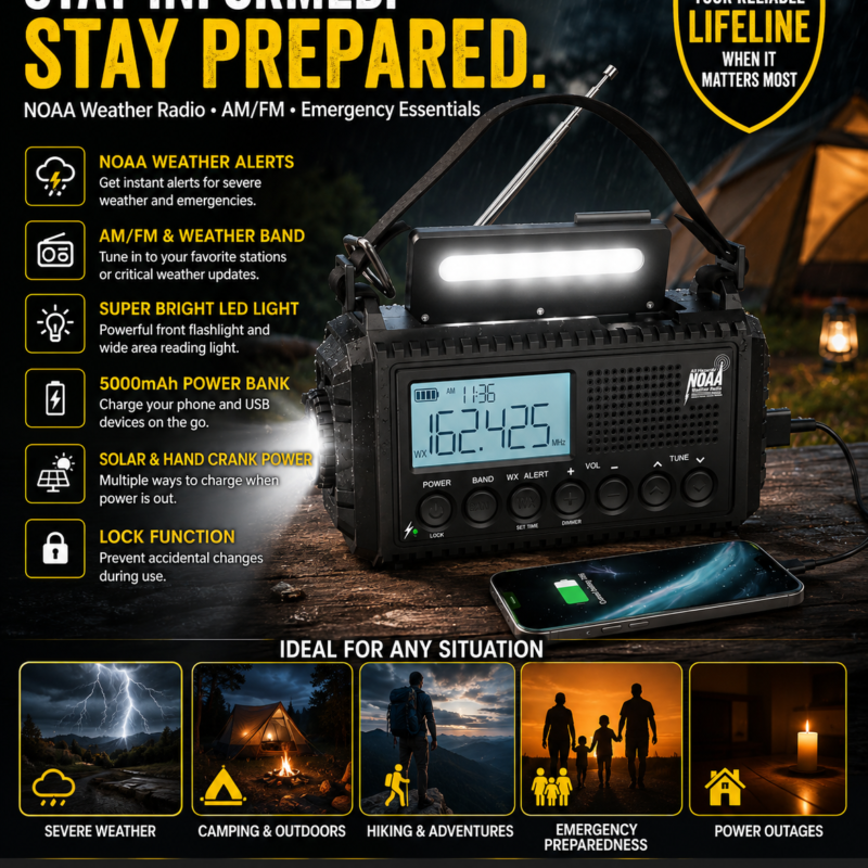 Raynic NOAA Weather Radio, 5000mAh/18500mWh Solar Hand Crank Emergency Radio, Battery Powered Portable Radio with AM/FM/SW/NOAA, Cell Phone Charger, Type-C Charging, Flashlight and SOS Siren