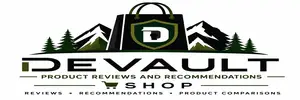 Clean vector logo for DeVault shop featuring shopping bag shield, mountains, and tagline for product reviews and recommendations