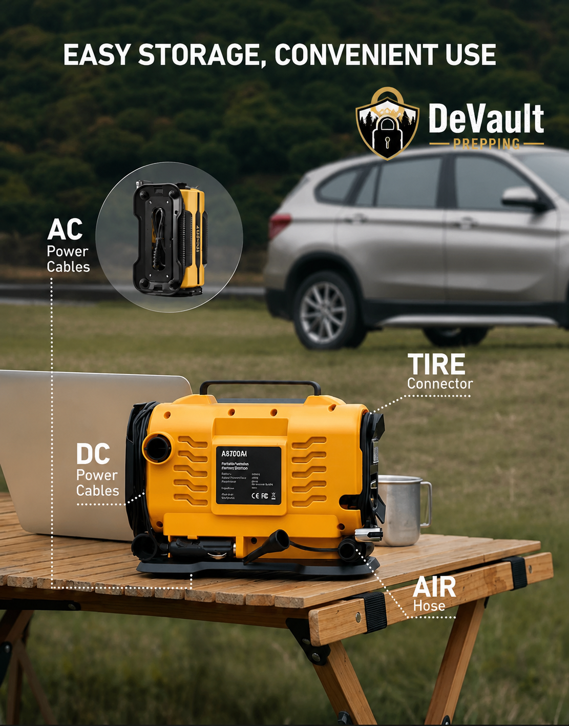 AstroAI Image Jun 25 2026 08_53_47 PM - Home - DeVault Product Reviews and Recommendations AstroAI Tire Inflator Portable Air Compressor, 12V DC/110V AC Dual Power Air Pump with Dual Metal Motors, Fast Inflation, 150PSI Digital Gauge for Car, SUV, Bike Tires and Air Mattresses, Yellow