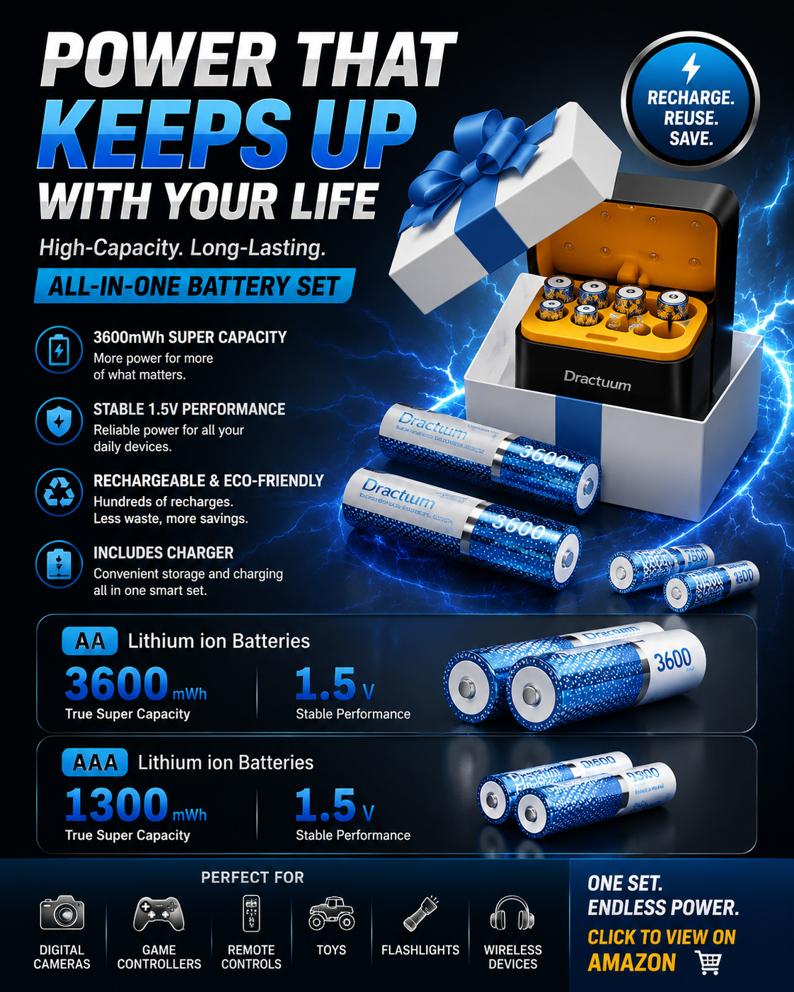 Rechargeable AA AAA Lithium Batteries with Charger, 8 Pack Li-Ion Battery 3600mWh AA 1300mWh AAA Rechargeable AA AAA Lithium Batteries with Charger, 8 Pack Li-Ion Battery 3600mWh AA 1300mWh AAA