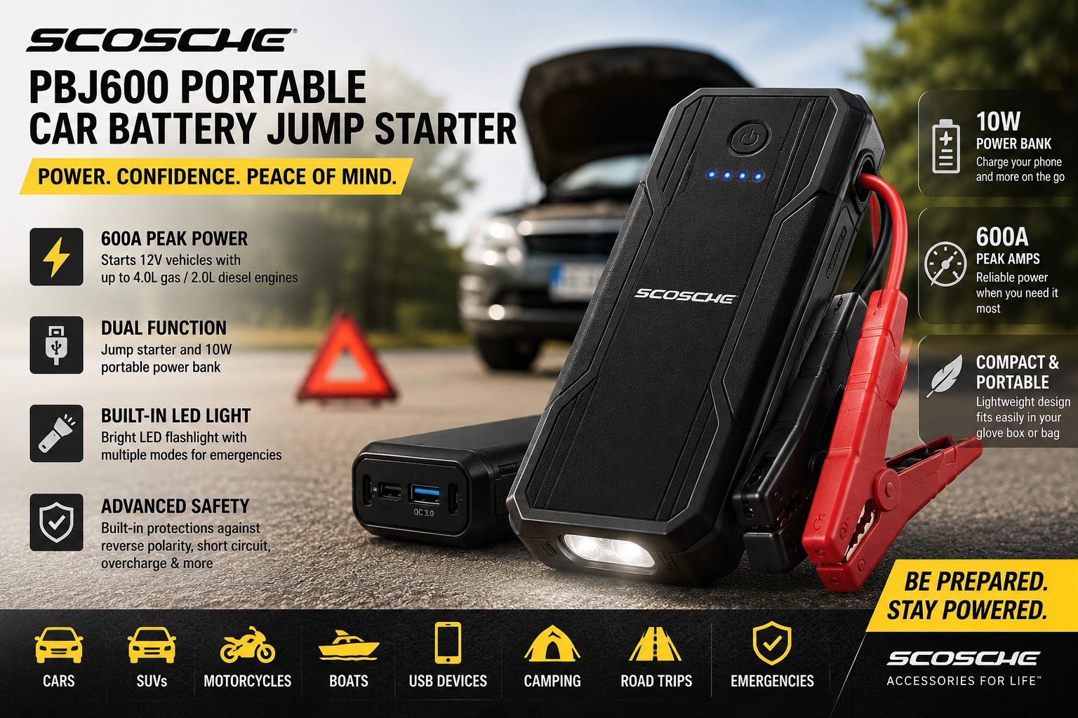 Scosche PBJ600 Image Jun 25 2026 09_41_02 PM - Home - DeVault Product Reviews and Recommendations Scosche PBJ600 portable car battery jump starter displayed with jumper cables against a roadside emergency scene featuring a vehicle with its hood open. The graphic highlights 600A peak power, 10W power bank functionality, built-in LED flashlight, advanced safety features, and compatibility with cars, SUVs, motorcycles, camping, road trips, and emergency preparedness. Yellow and black design emphasizes reliable portable backup power.