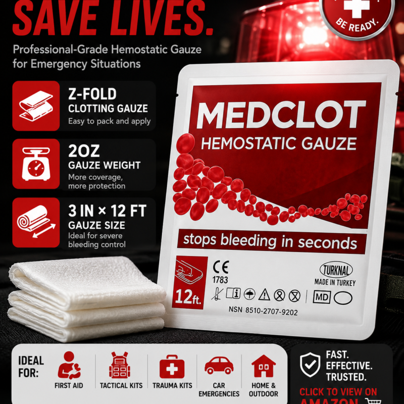 Hemostatic Dressing Z-Fold 12ft – Military-Proven clotting Gauze for Heavy Bleeding Hemostatic Dressing Z-Fold 12ft – Military-Proven clotting Gauze for Heavy Bleeding