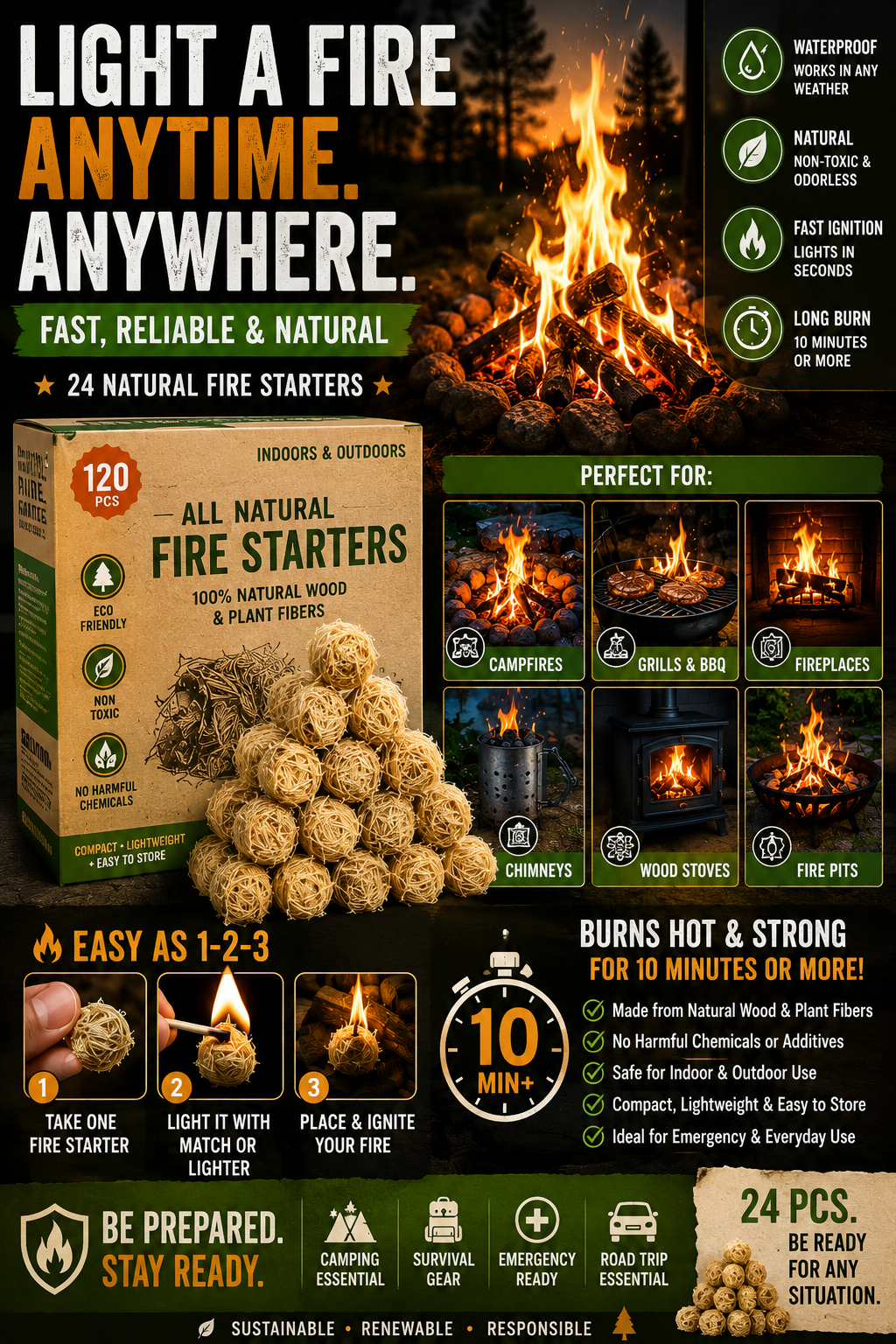 Fire Starter (120 PCS) Natural Fire Starters for Campfire, Charcoal Starter, Fireplace, Wood Stove, BBQ, Chimney, Fire Pit, and Grill Fire Starter (120 PCS) Natural Fire Starters for Campfire, Charcoal Starter, Fireplace, Wood Stove, BBQ, Chimney, Fire Pit, and Grill