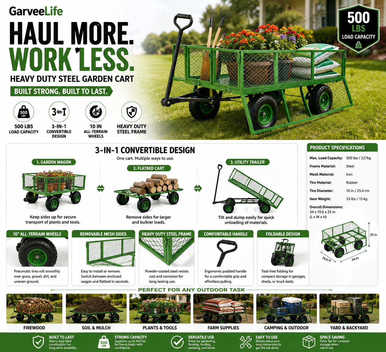 GarveeLife Heavy Duty Steel Garden Cart Image Jul 14 2026 10_07_08 PM - Home - DeVault Product Reviews and Recommendations A heavy-duty green steel garden cart with removable mesh side panels is parked on a grassy lawn filled with bags of soil, gardening tools, potted plants, and firewood. Bold text highlights its 500 lb hauling capacity and 3-in-1 convertible design. The image emphasizes durability, all-terrain wheels, and versatility for gardening, landscaping, homesteading, camping, and outdoor property maintenance.